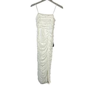 Lulus White Ruched Pearl Spaghetti Strap Bodycon Midi Dress NEW